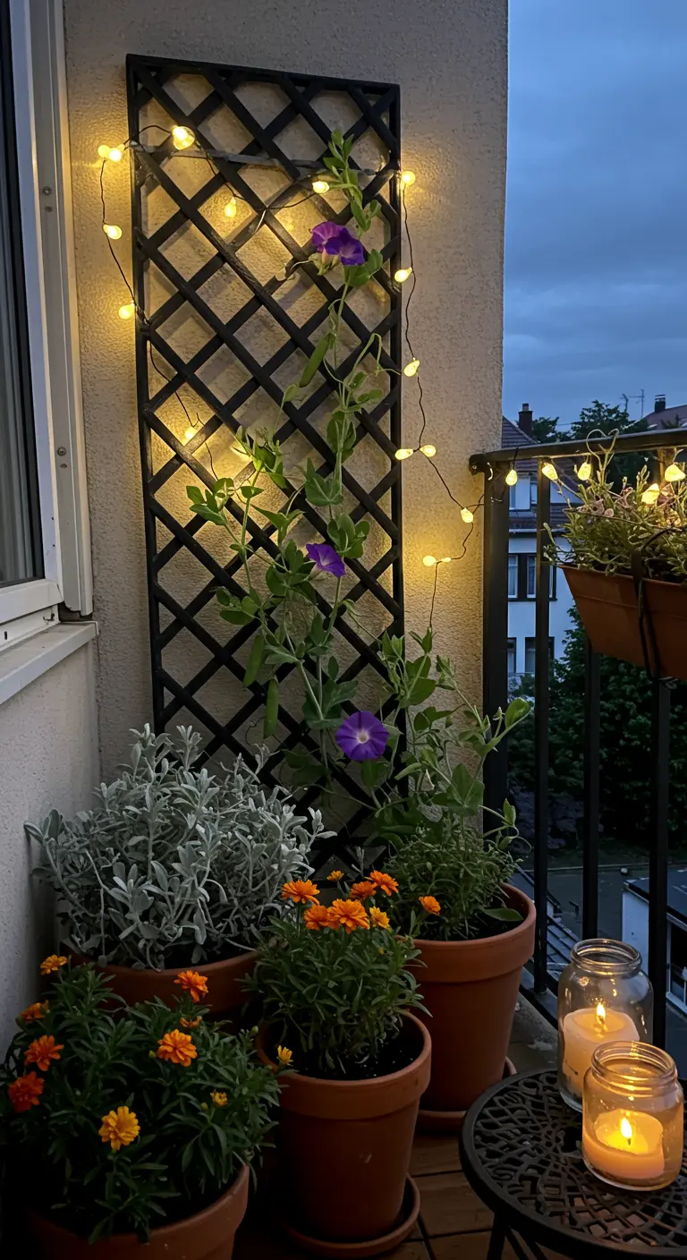 Zwart klimrek met een klimplant en een lichtsnoer voor sfeerverlichting.