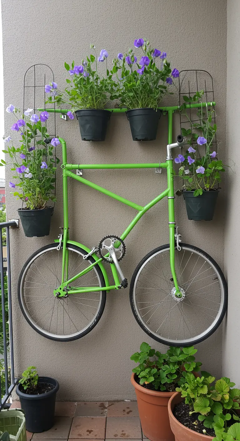 Groen fietsframe aan de muur met klimrekken eraan, waarlangs paarse Lathyrus omhoog groeit.