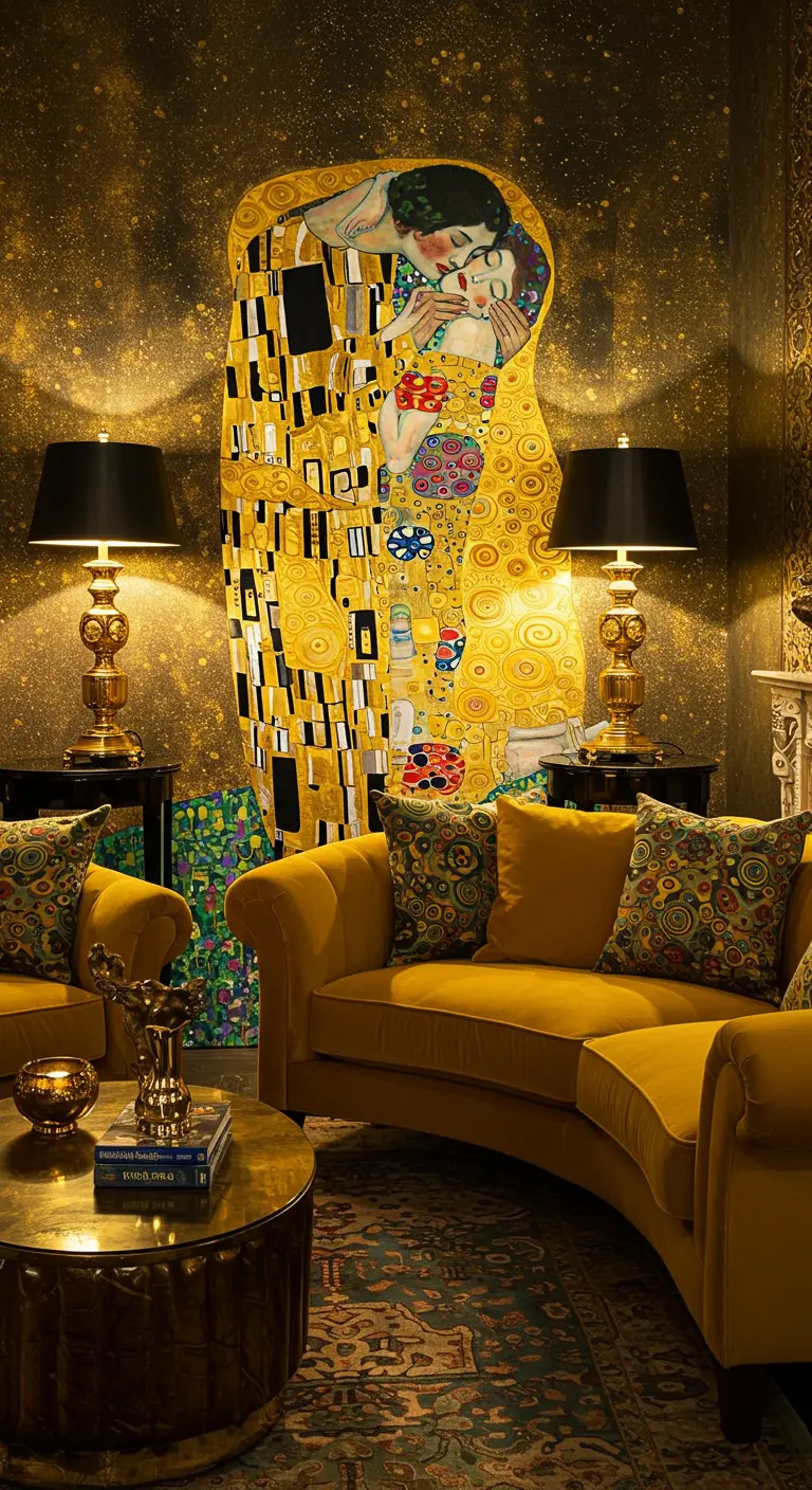 Luxueuze woonkamer met een groot Klimt-schilderij, gouden accenten en okergele banken