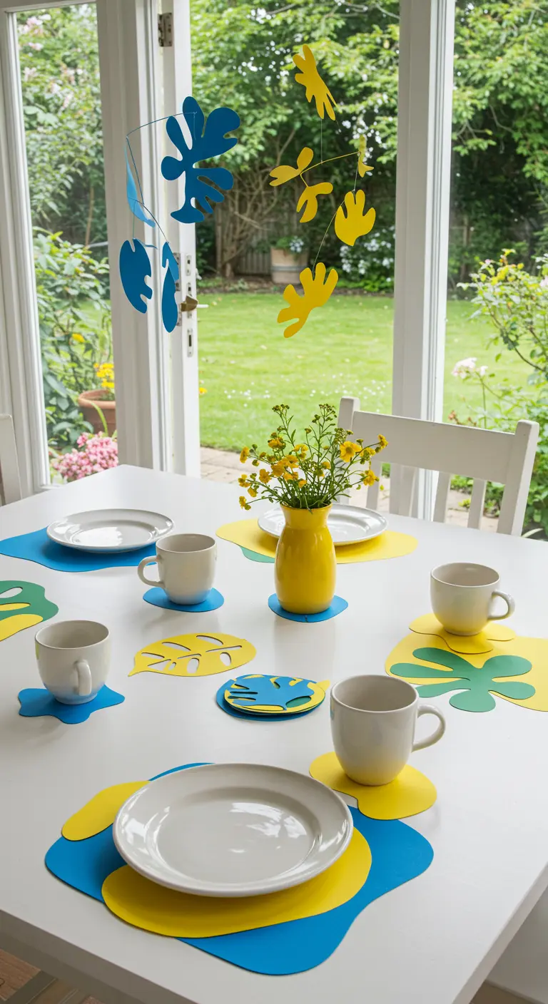 Witte tafel met placemats in organische vormen van blauw en geel papier, Matisse-stijl.
