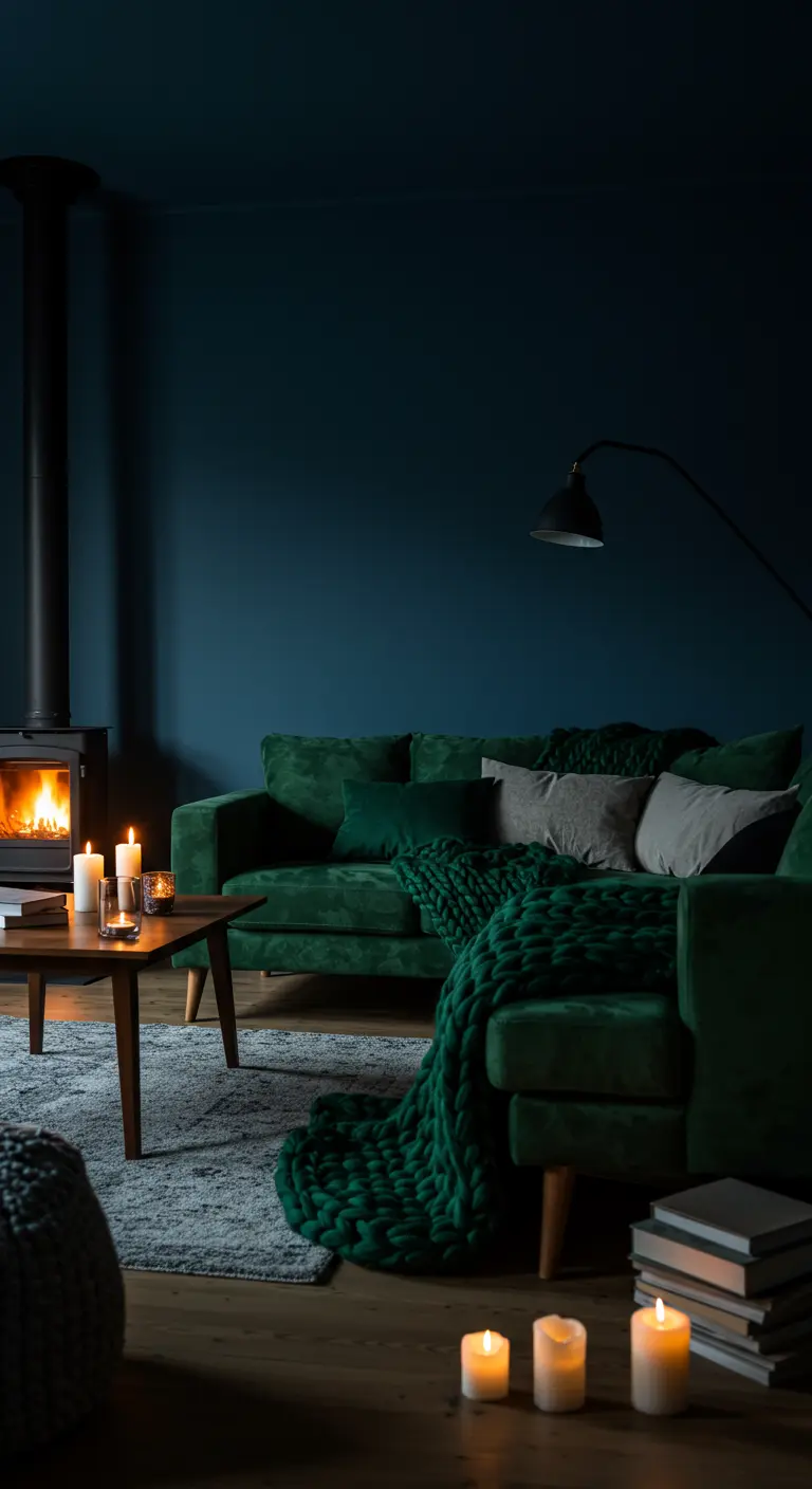Gezellige woonkamer met nachtblauwe muur, brandende houtkachel en een groene bank met een grof gebreid plaid.