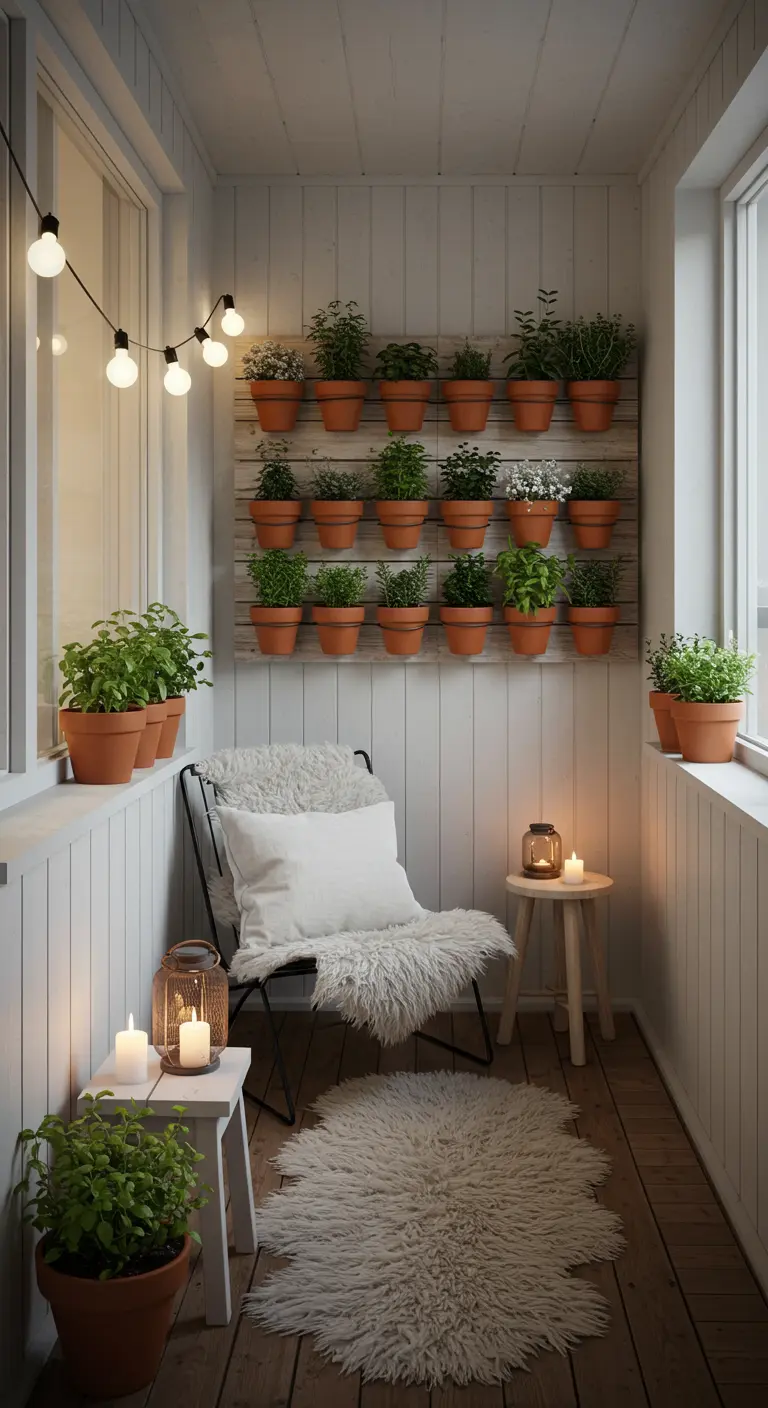 Knus balkon met witte houten wand, een verticale kruidenwand van terracotta potten en sfeerverlichting.