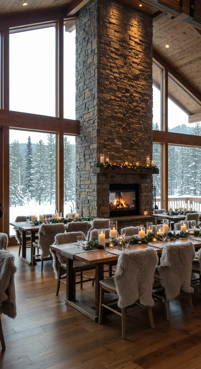 Winterse receptie in een houten lodge met een stenen open haard en schapenvachtjes op de stoelen.