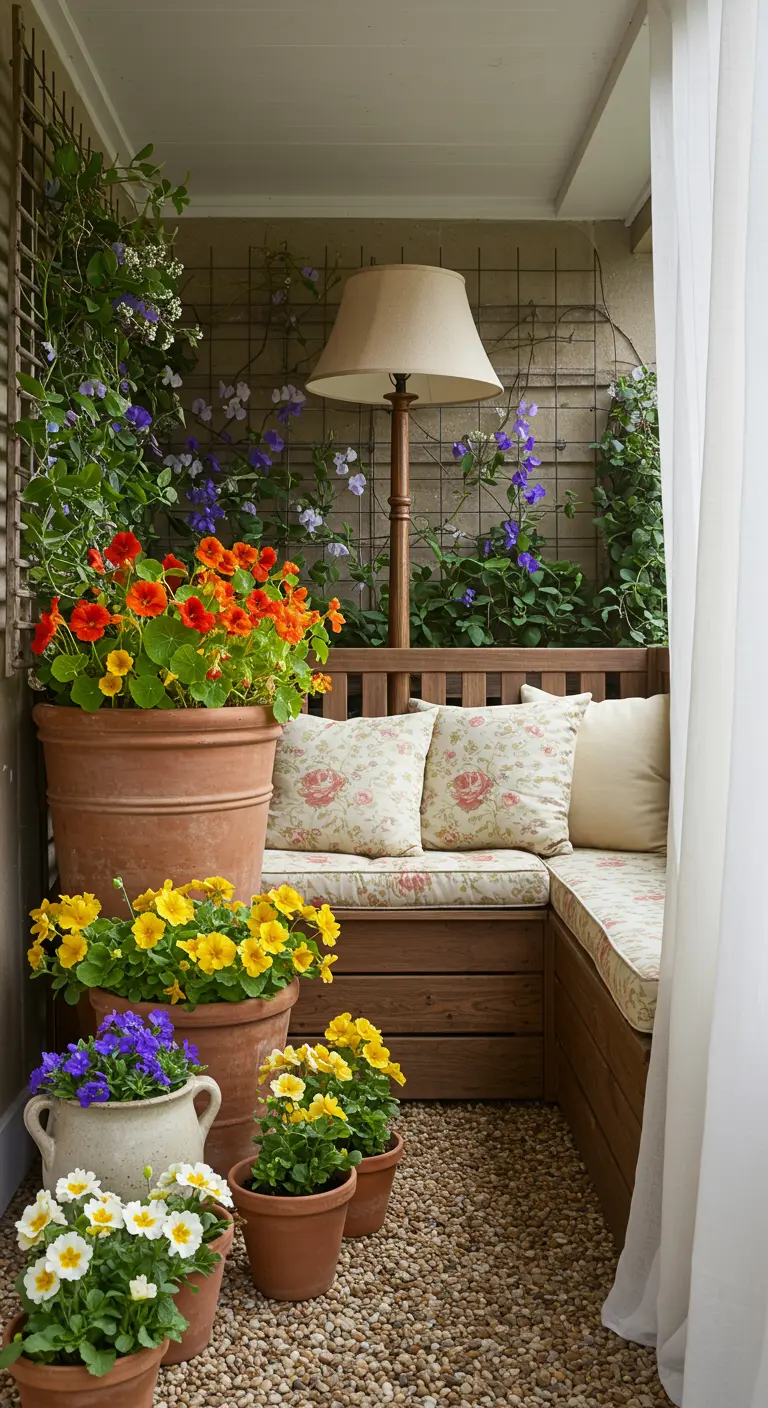 Overdekt balkon met houten zitbank, kiezelvloer, grote terracotta potten en klimplanten.