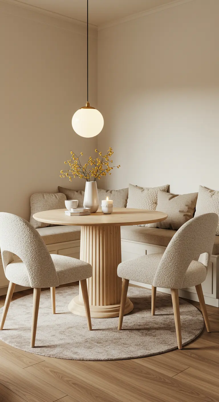 Knusse eethoek met ingebouwde bank, ronde houten tafel, bouclé stoelen en rond vloerkleed.
