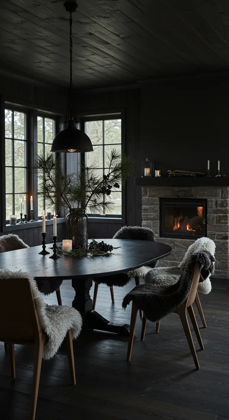 Donkere eetkamer met zwarte ovale tafel, schapenvacht stoelen en open haard.