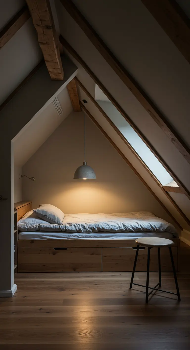 Knusse zolderkamer met houten balken, een bed met opberglades en een enkele hanglamp.