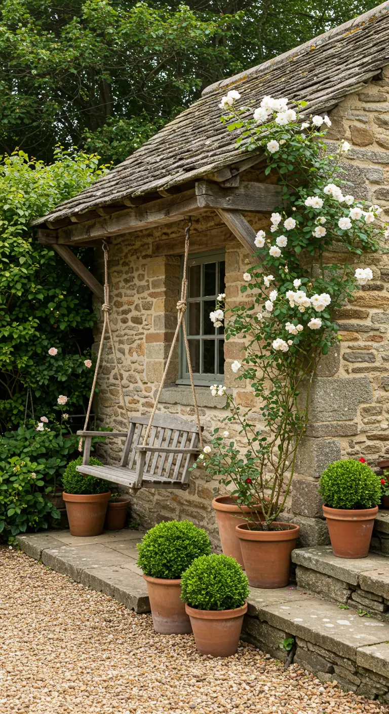 Houten schommelbank hangend onder het afdak van een stenen cottage, omringd door terracotta potten en witte rozen.