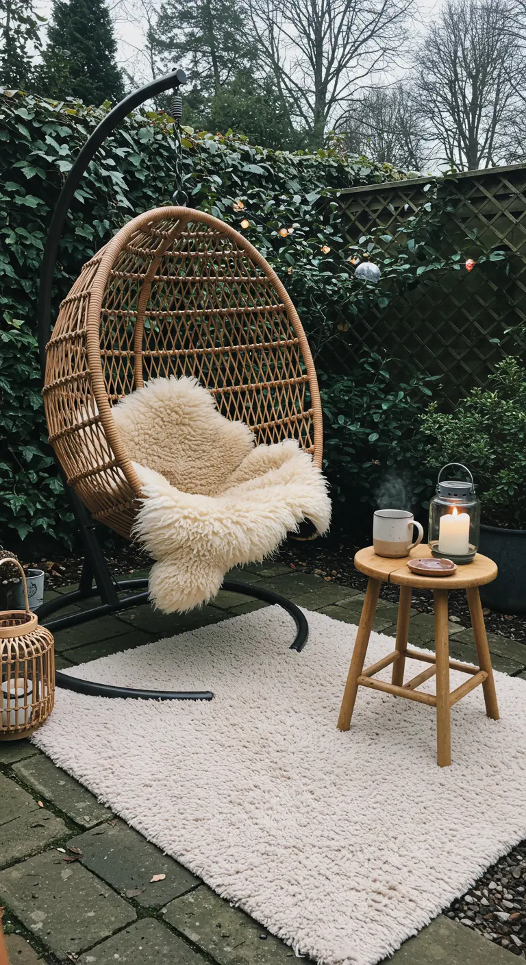 Terras met rotan hangstoel met een schapenvacht, een zacht kleed en lantaarns.