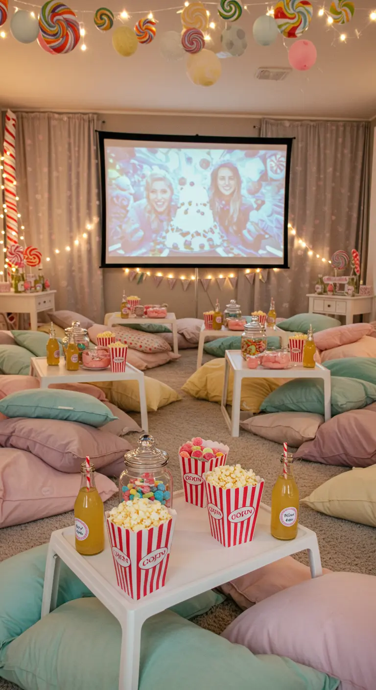 Gezellige filmavond met pastelkleurige kussens en potten met snoep.