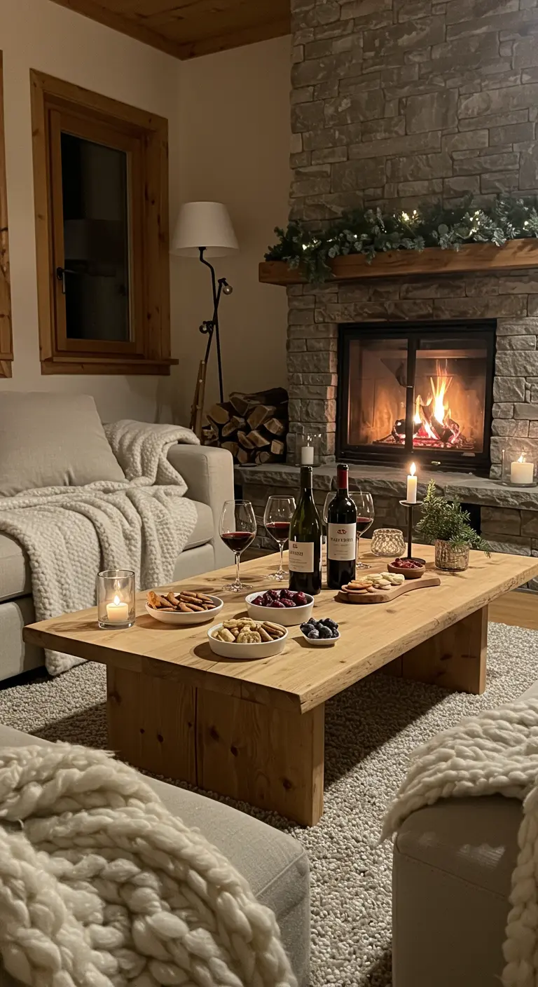Gezellige woonkamer met brandende haard, lage tafel met wijn, snacks en kaarsen.