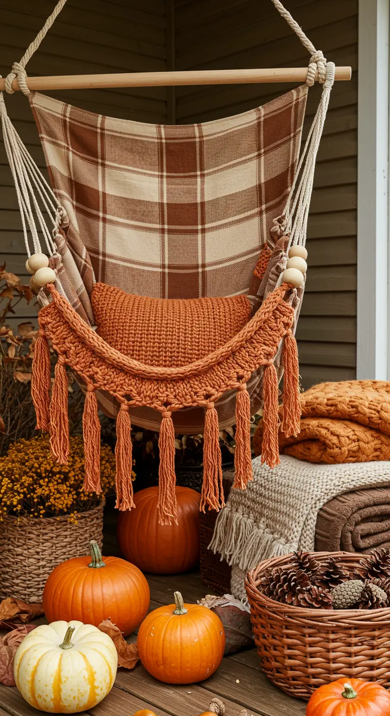 Hangstoel in herfstsfeer met een ruiten plaid, oranje kussen en pompoenen.