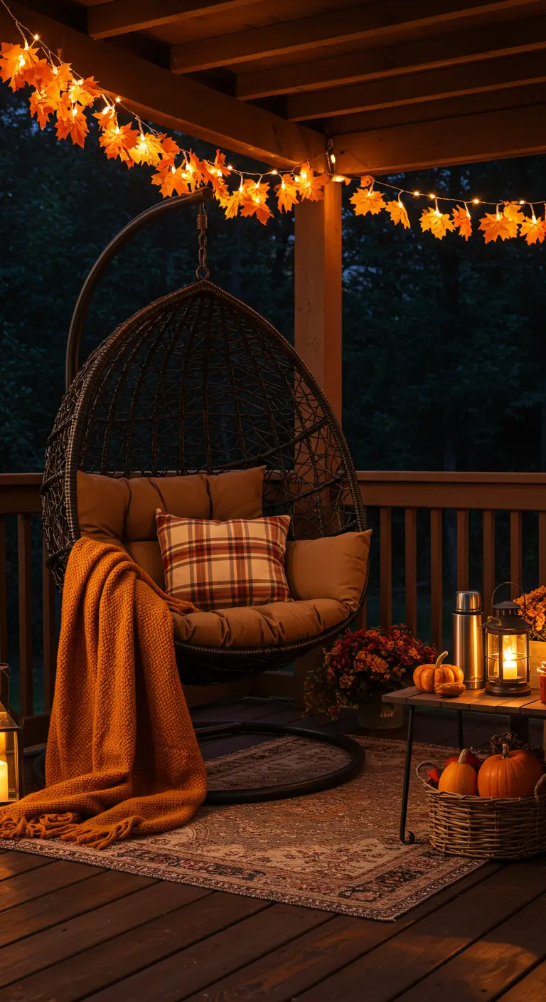 Rieten hangstoel op een houten veranda, versierd met herfstbladeren, pompoenen en een oranje plaid.