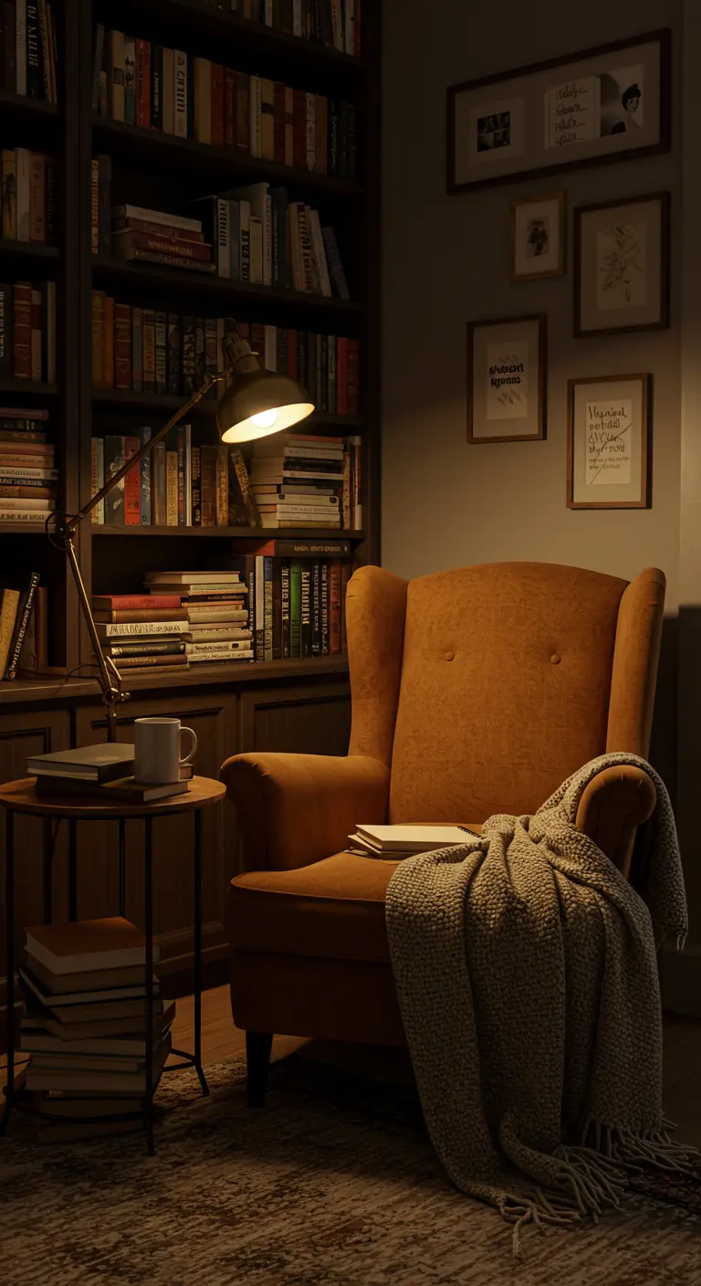 Gezellige leeshoek met okergele fauteuil, boekenkast, lamp en deken.
