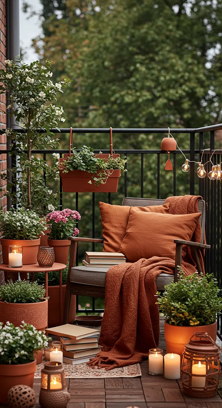 Leeshoek op balkon met comfortabele stoel, kussens, plaids en veel terracotta potten met kaarsen.