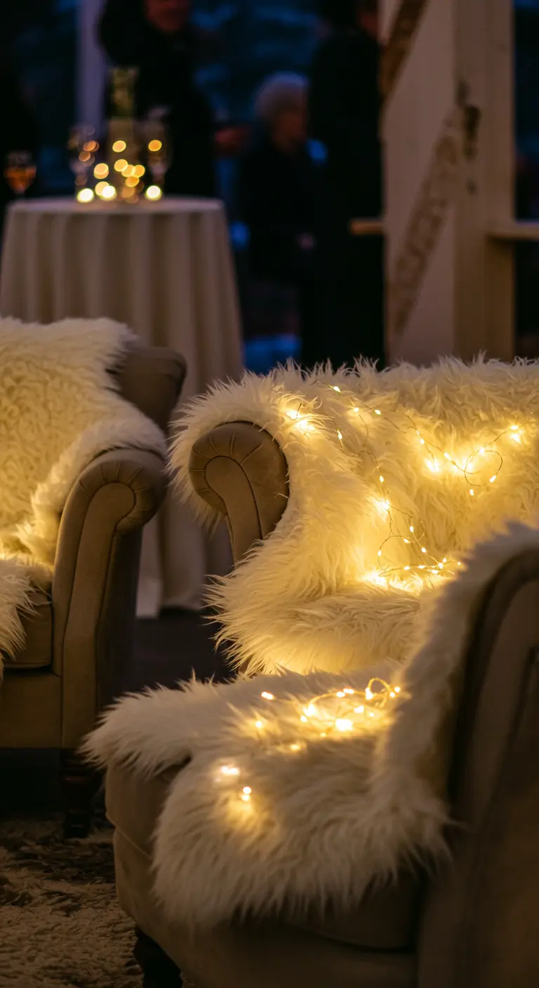 Fauteuil met een wit schapenvacht waar warme sprookjeslichtjes doorheen schijnen.