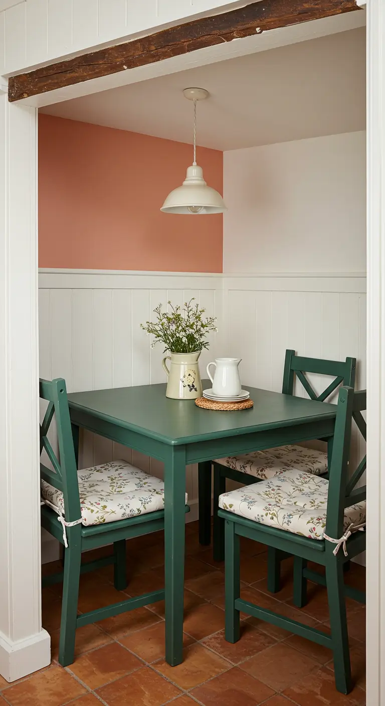 Compacte eethoek in nis met roze muur, witte lambrisering, groene tafel en bloemstoelkussens.