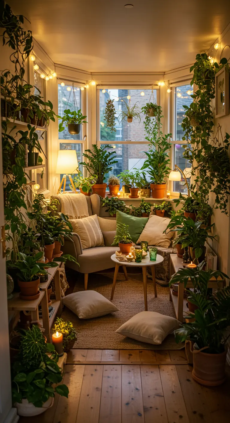 Gezellige zithoek met veel potplanten, hangplanten, zachte kussens en sfeerverlichting.
