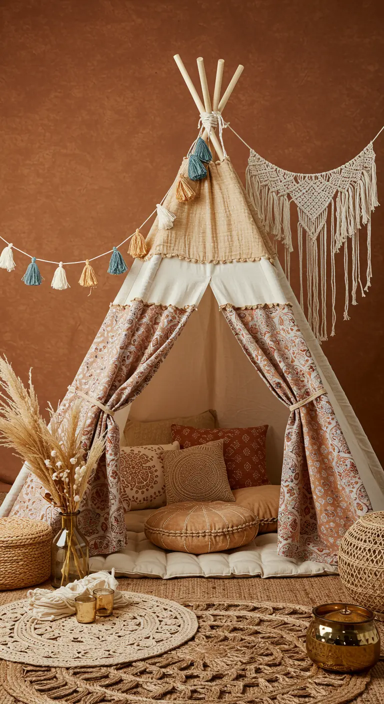 Een versierde tipi-tent met kussens, een kwastjesslinger en pampasgras ernaast.
