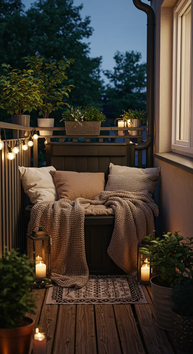 Balkon met donkere regenton die dient als zitbank met kussens en plaids, omringd door lantaarns en lichtjes.