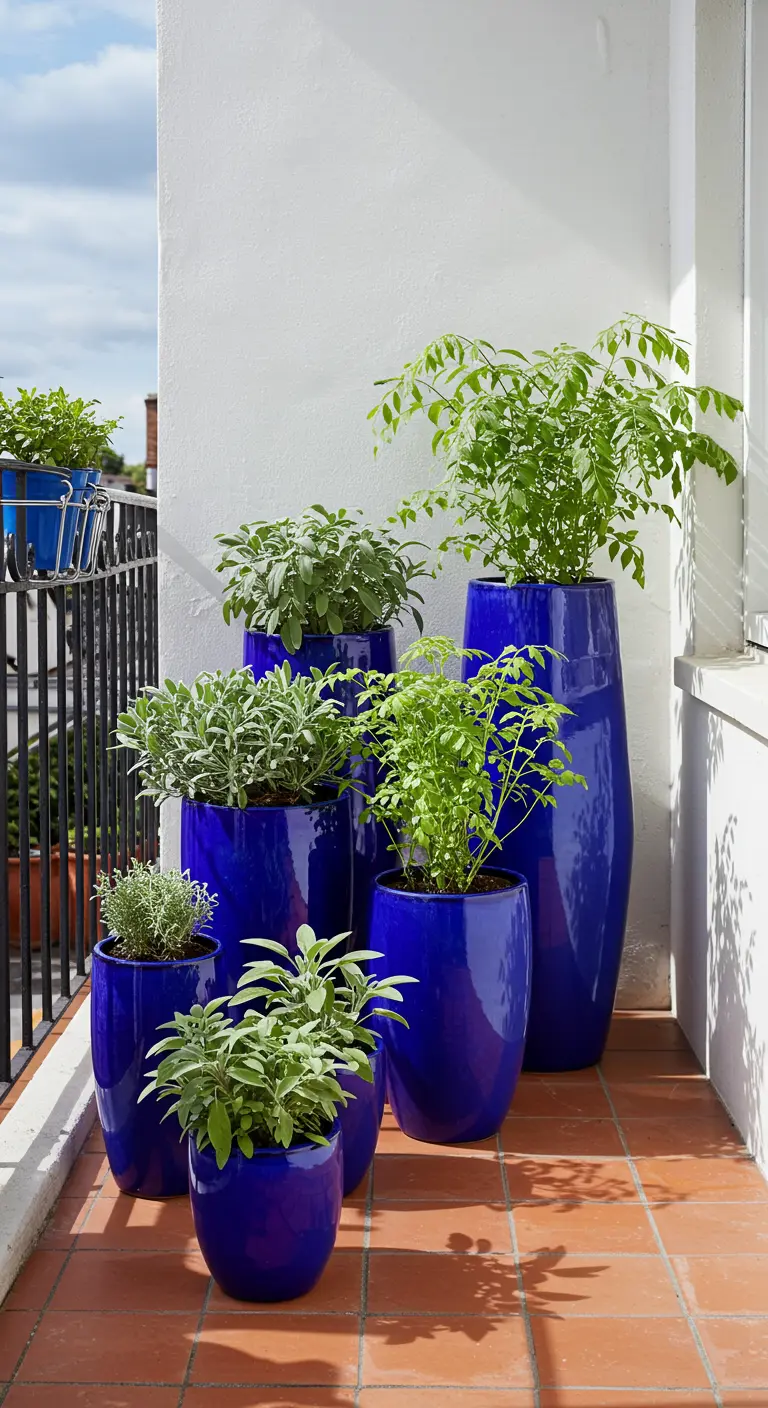 Groep glanzende, kobaltblauwe potten met groene kruiden op een balkon.