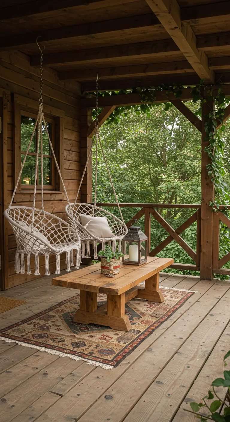 Twee macramé hangstoelen op een houten veranda met een Perzisch tapijt en salontafel.