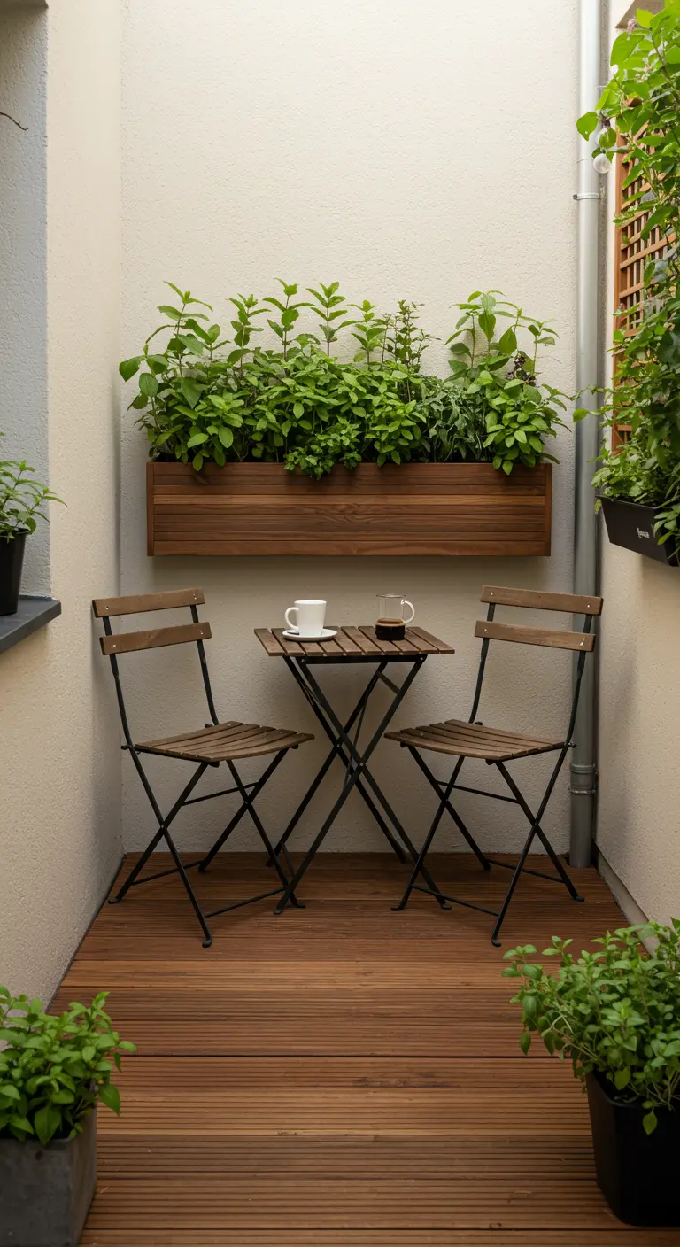 Klein, beschut balkon met een houten wand-plantenbak en een bistroset.