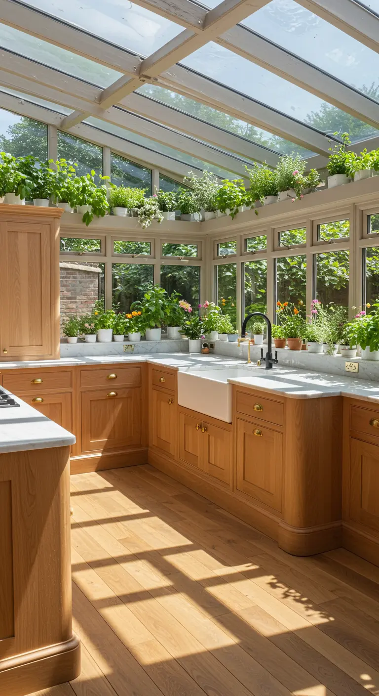 Lichte keuken in een serre met glazen dak en overal potten met kruiden en planten.