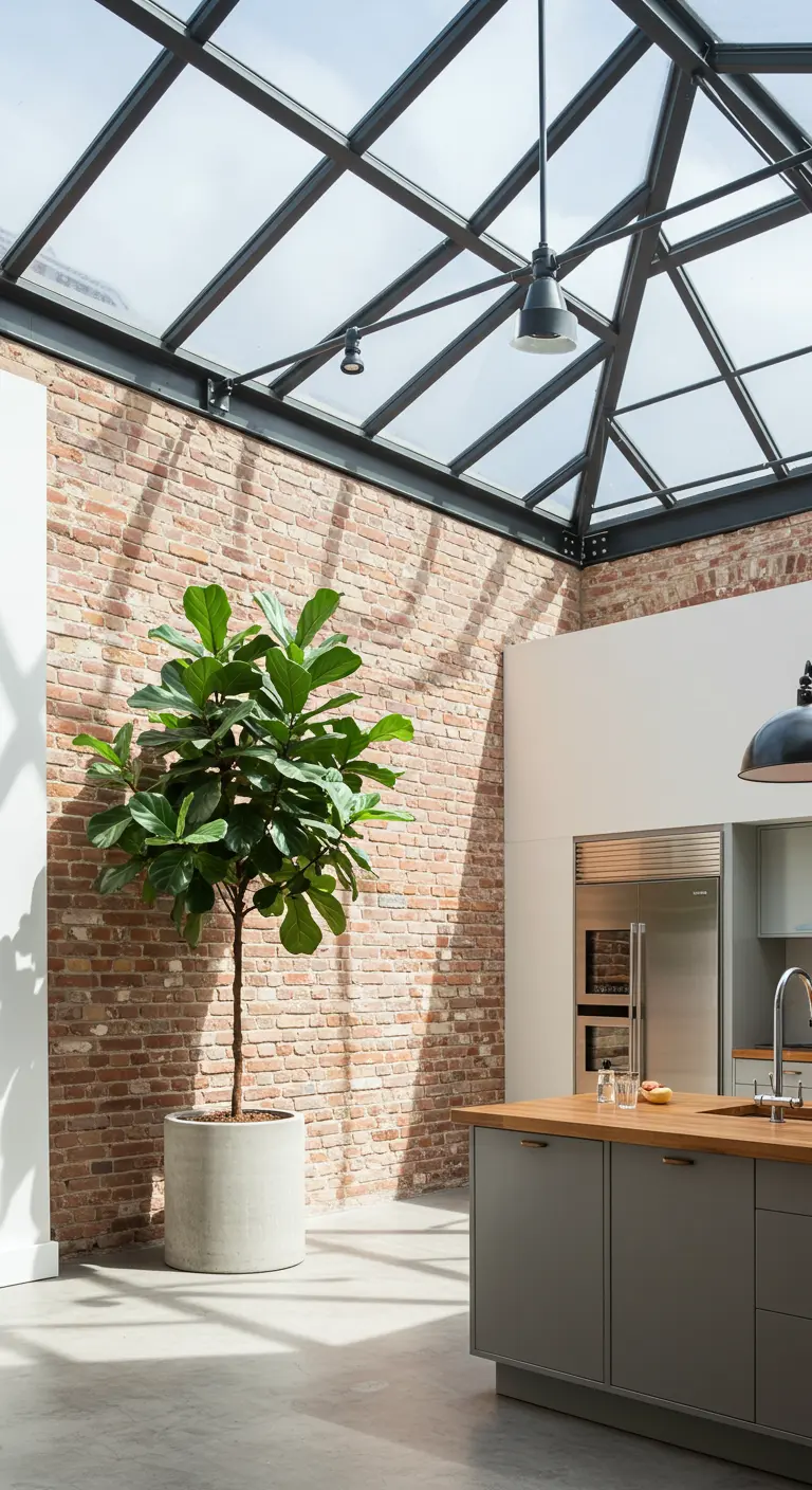 Lichte loftkeuken met een groot glazen dak en een hoge plant.