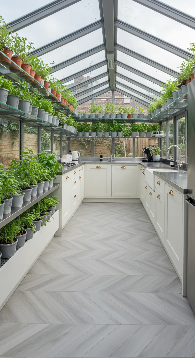 Lichte keuken in een serre met glazen dak, vol met planten op planken.