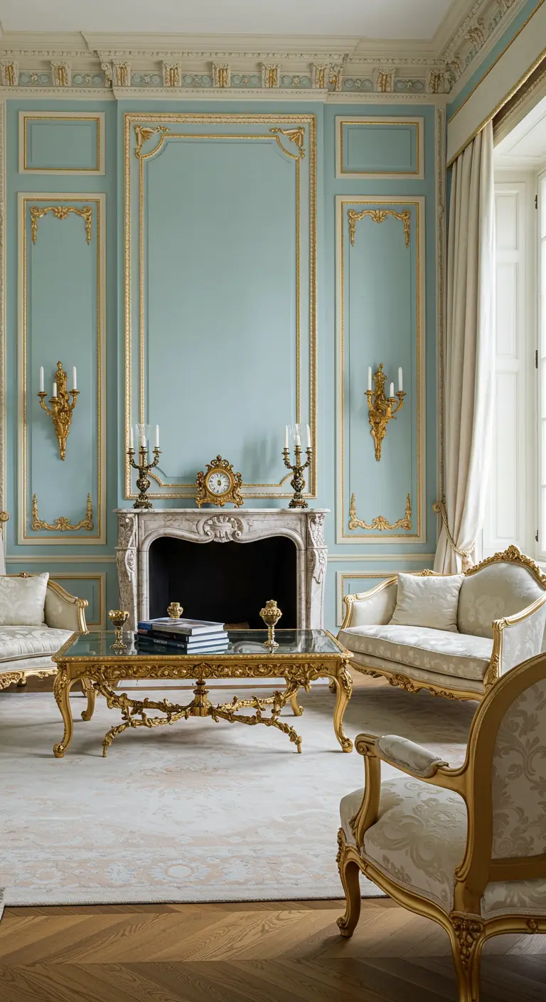 Klassieke woonkamer met lichtblauwe muren, gouden sierlijsten en antiek meubilair.