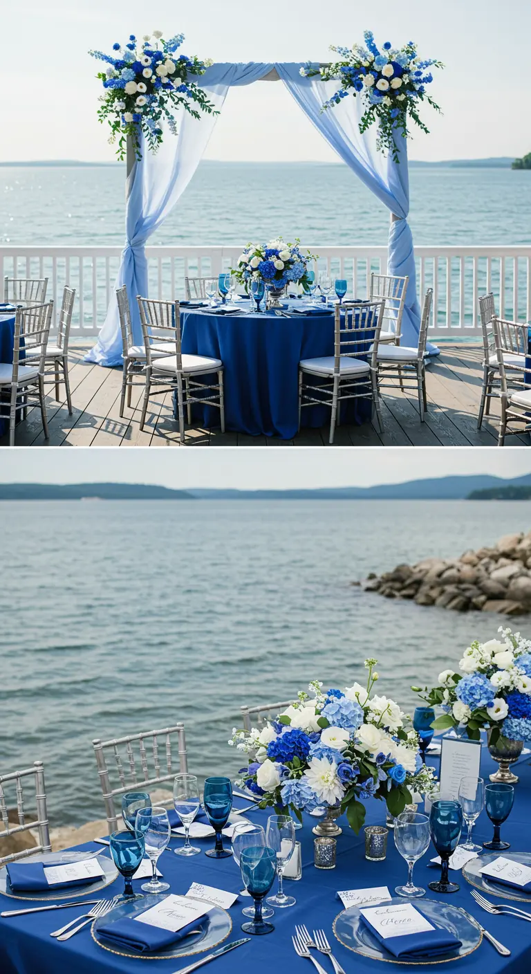 Tafelsetting aan het water met een koningsblauw tafelkleed, witte en blauwe bloemen en zilveren stoelen.