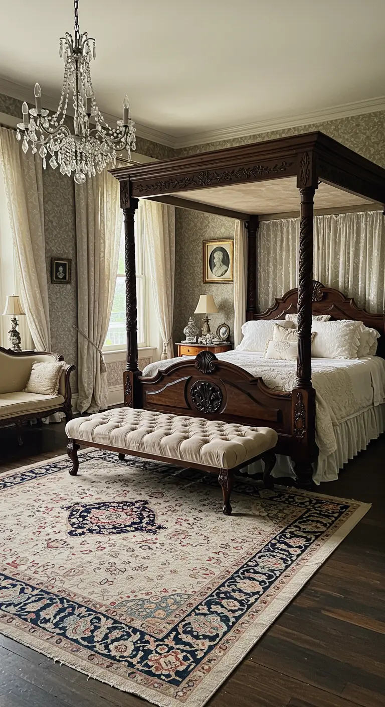 Elegante slaapkamer met klassiek hemelbed, kroonluchter en patroonbehang.