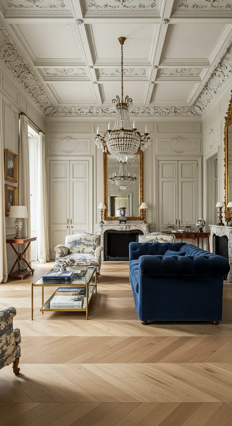 Elegante woonkamer met hoge plafonds, kroonluchter en koningsblauwe fluwelen bank.