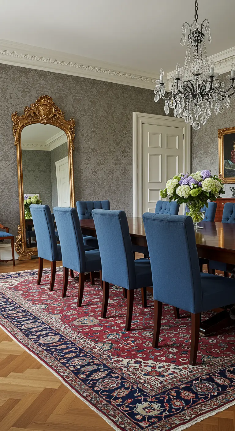 Klassieke eetkamer met blauwe gestoffeerde stoelen, grote gouden spiegel, damastbehang en traditioneel vloerkleed.