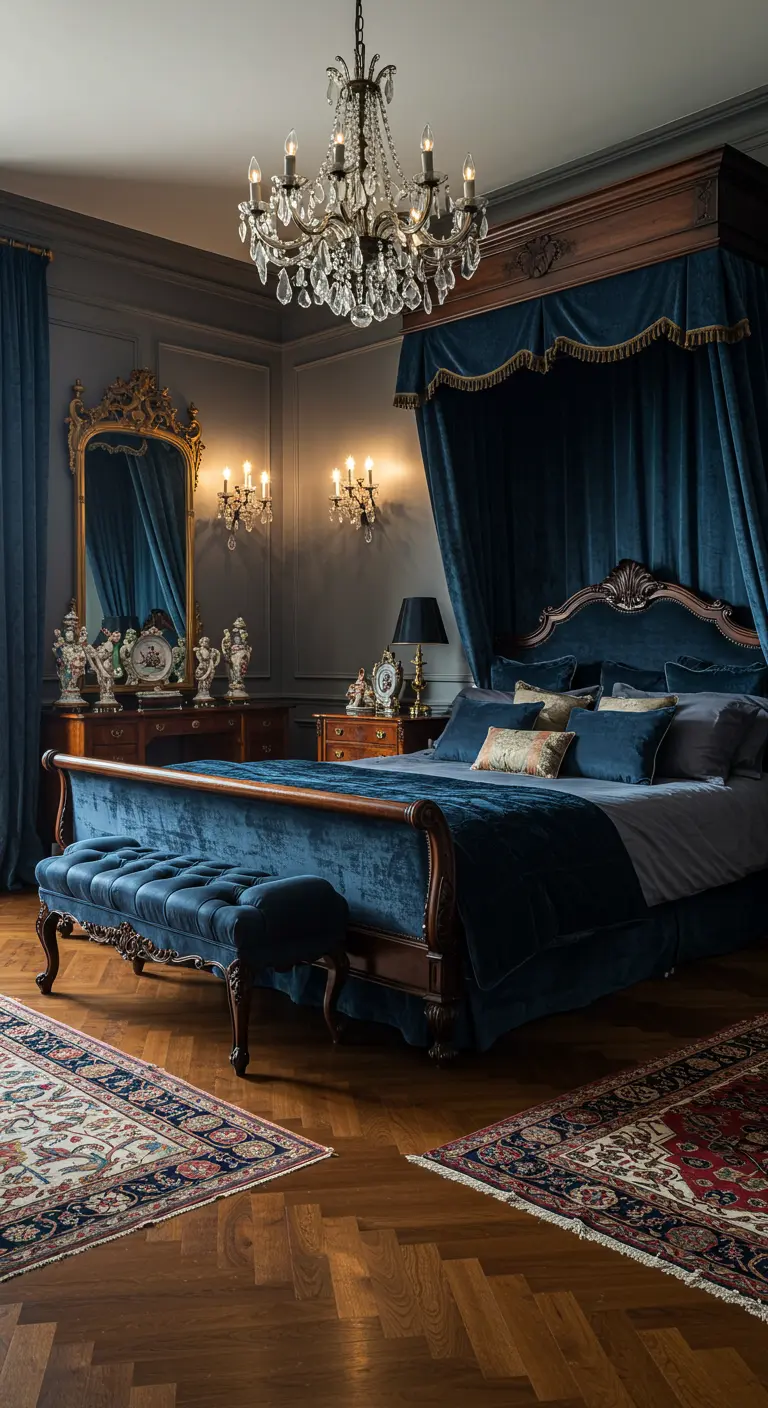 Luxe slaapkamer met blauw fluweel, houten hemelbed, kroonluchter en oosterse tapijten.