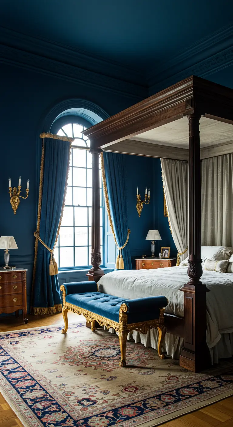 Klassieke slaapkamer met marineblauwe muren, hemelbed en gouden accenten.