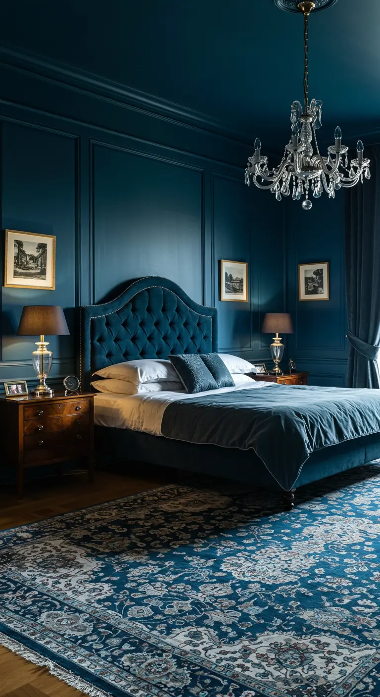 Klassieke slaapkamer in diepblauw met houten panelen, kroonluchter, en traditionele meubels.