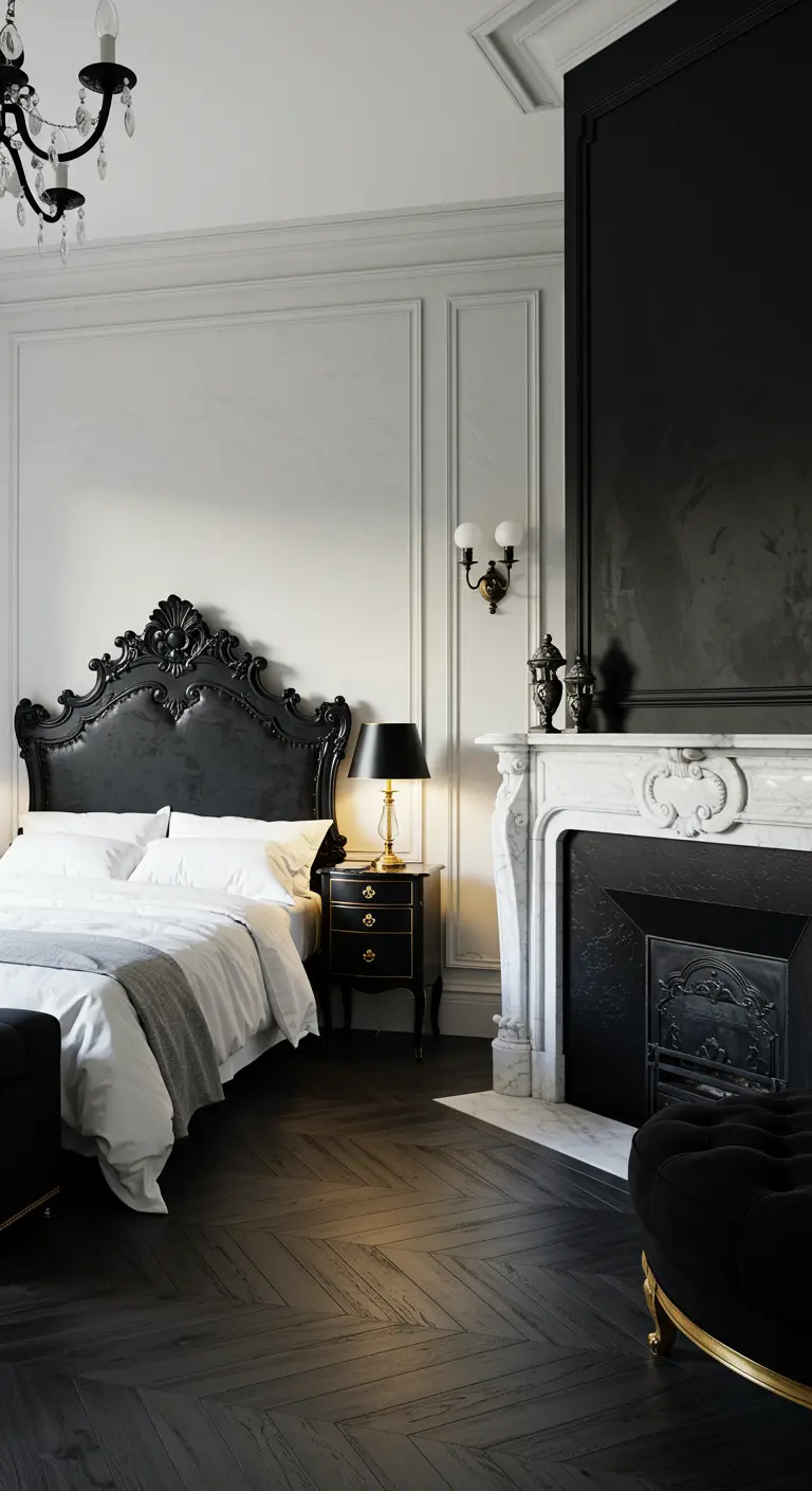Klassieke slaapkamer met zwart barok bed, wit marmeren open haard en gouden accenten.