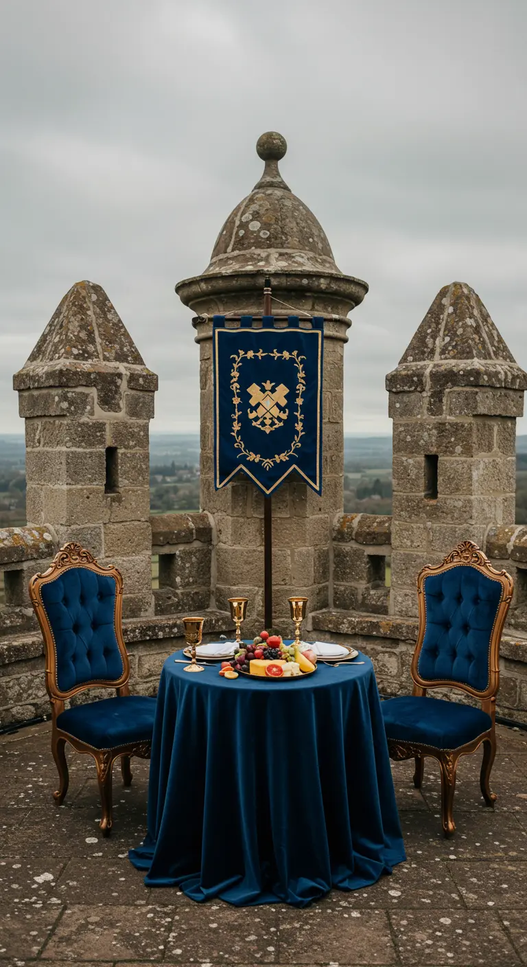 Royale diner-setting voor twee op een kasteeltoren met blauw fluweel, gouden details en een banier.