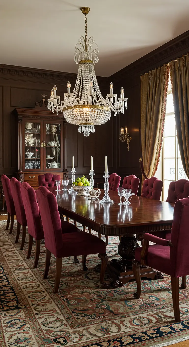 Formele eetkamer met grote houten tafel, rode fluwelen stoelen en kristallen kroonluchter.