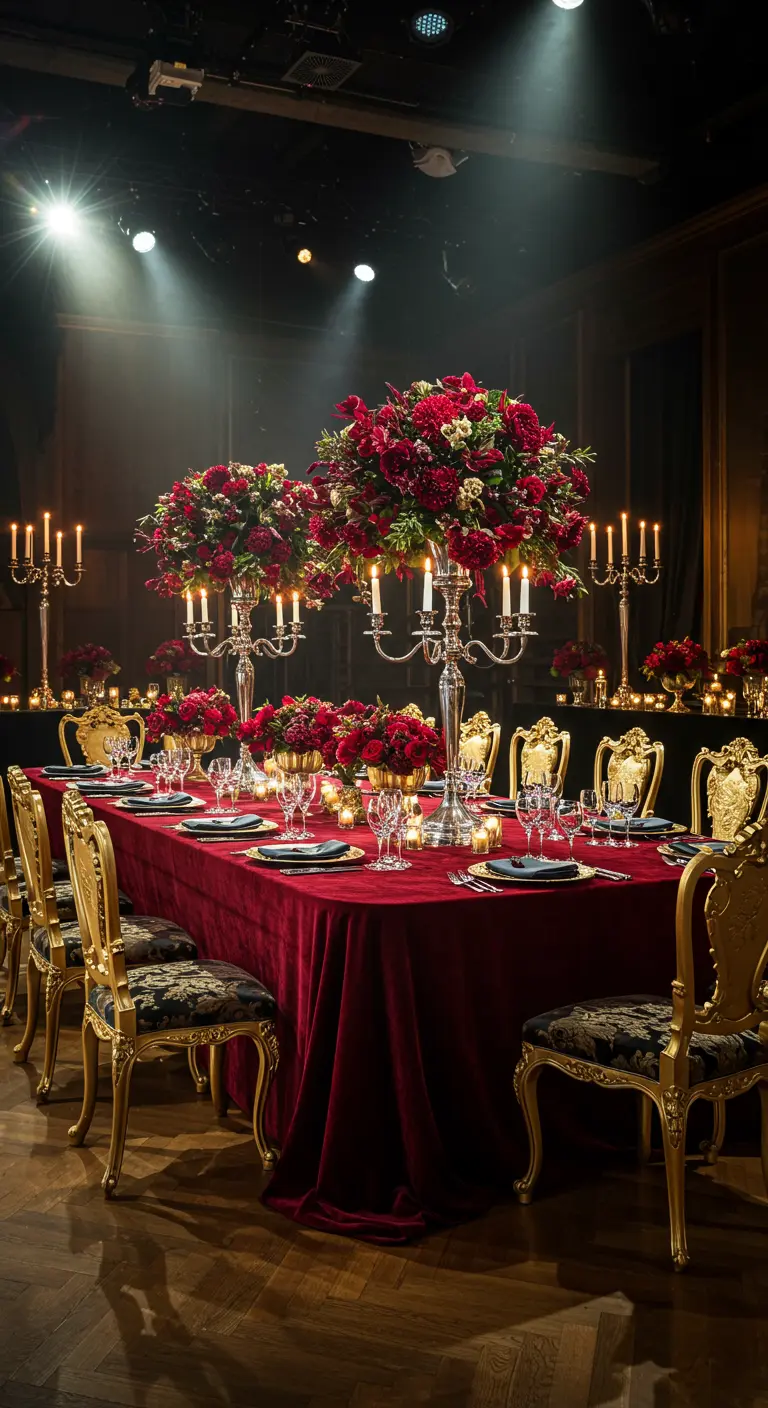 Opulente eettafel met rood fluweel, gouden stoelen, grote rode bloemstukken en zilveren kandelaren.
