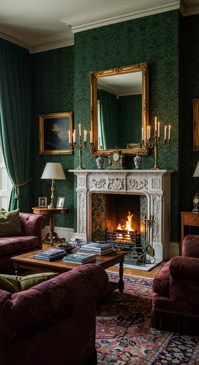 Klassieke woonkamer met donkergroen behang, antieke meubels, gouden spiegel en open haard.