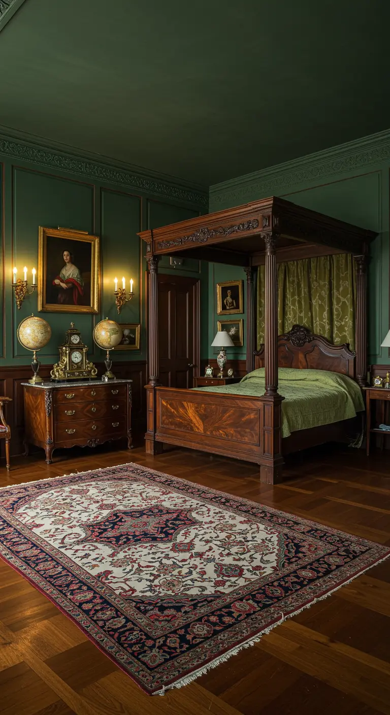Klassieke slaapkamer met donkergroene muren, antiek hemelbed en rijk gedecoreerd tapijt.