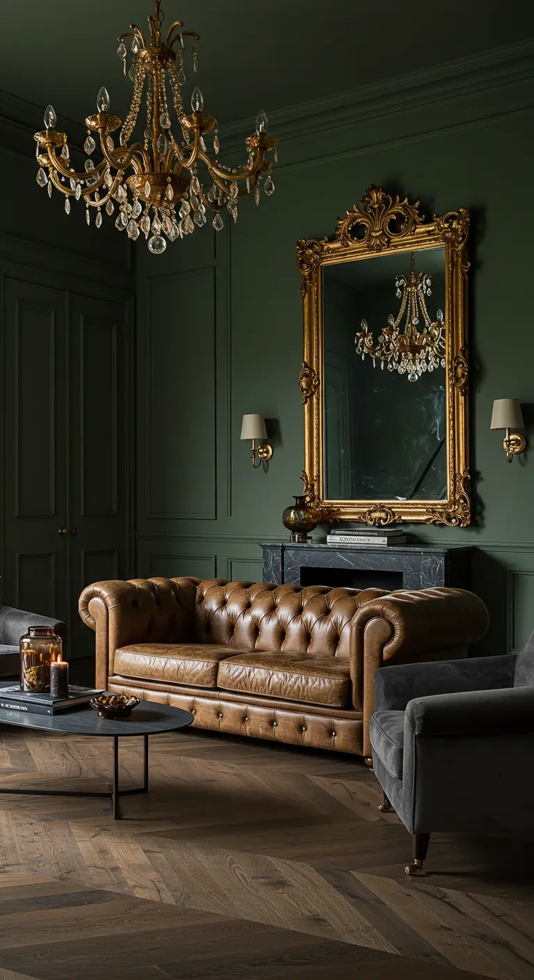 Luxueuze woonkamer met diepgroene muren, lederen Chesterfield en gouden spiegel en kroonluchter
