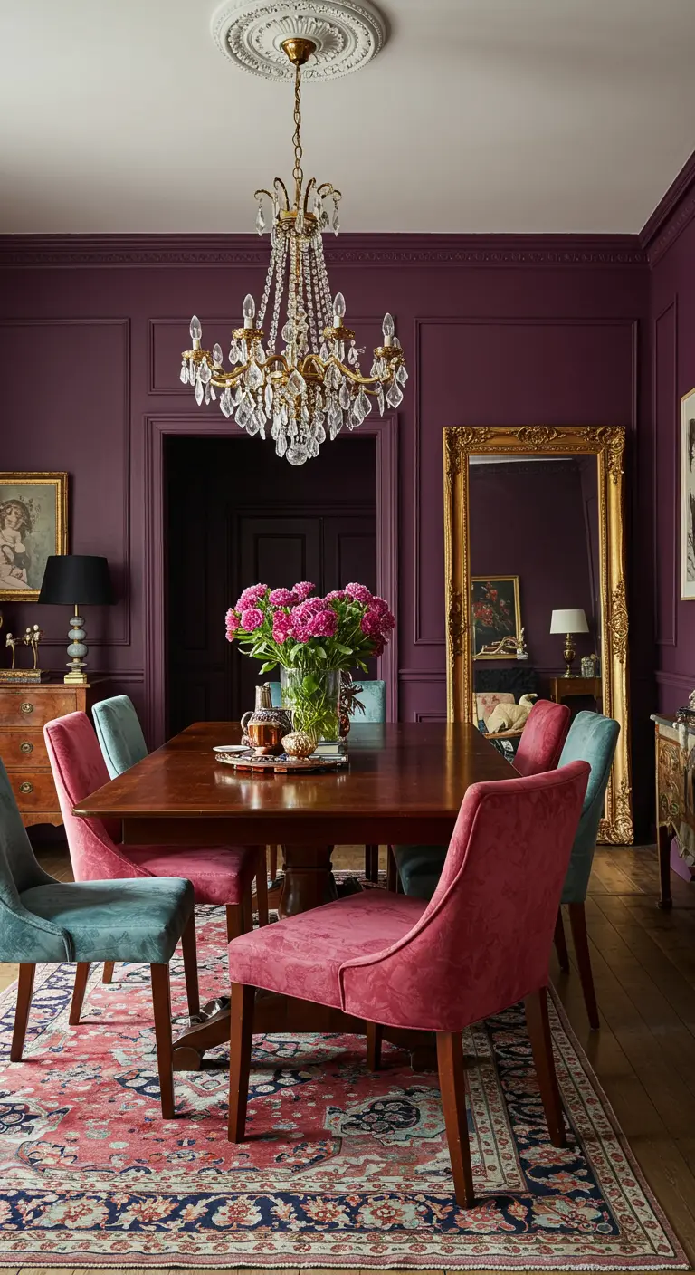 Eclectische eetkamer met paarse muren, kristallen kroonluchter en fluwelen stoelen.