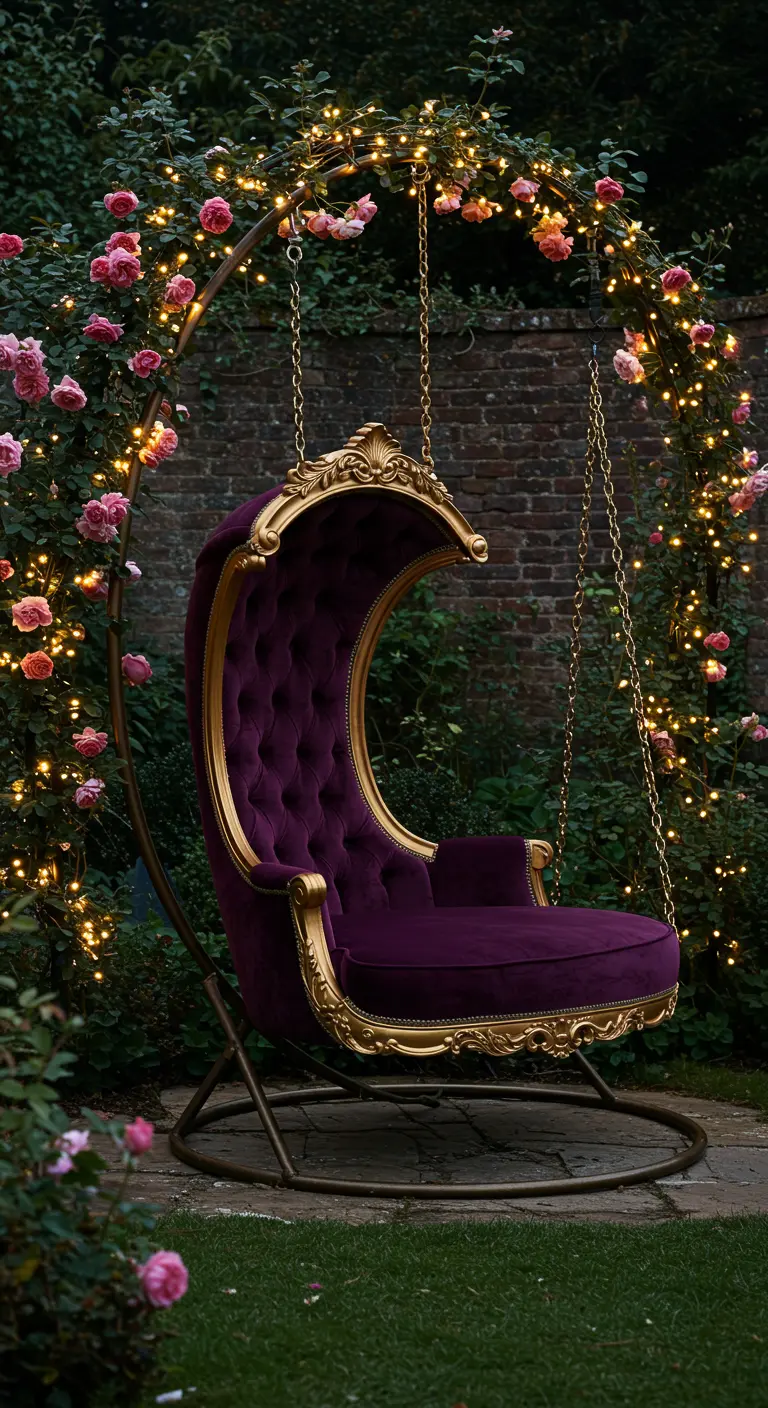 Paarse fluwelen schommelstoel met gouden frame, omringd door rozen en lichtjes.