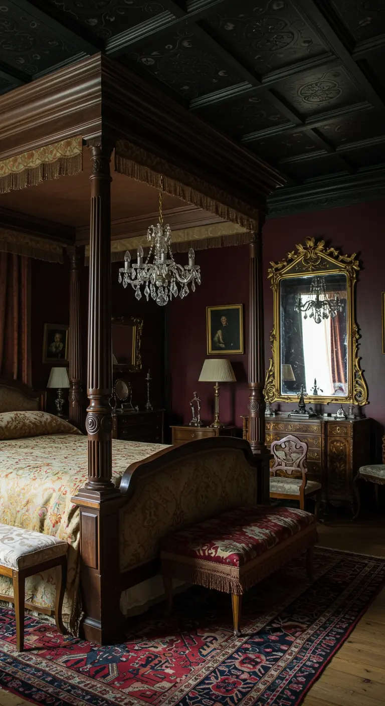 Klassieke slaapkamer met donker plafond, hemelbed, en een grote, sierlijke gouden spiegel.