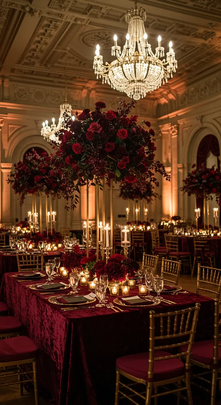 Rode fluwelen tafels met hoge bloemstukken, gouden accenten en veel kaarslicht in een balzaal.