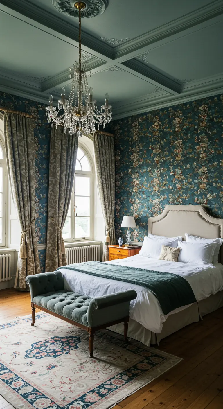 Luxe slaapkamer met diepblauw bloemenbehang, kristallen kroonluchter en zware gordijnen.